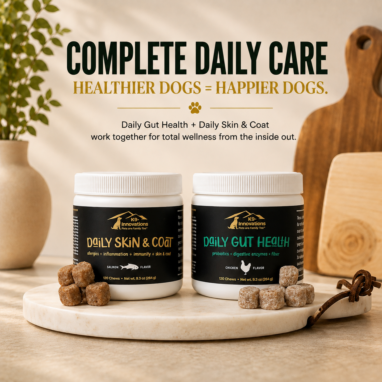 K9-Innovations Daily Gut Health and Daily Skin & Coat dog supplements for digestive, skin and coat wellness