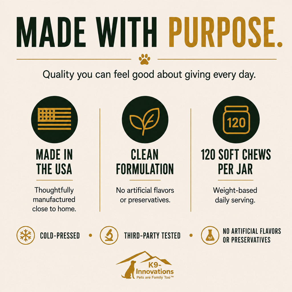 K9-Innovations dog supplements made in the USA with clean formulations, no artificial flavors or preservatives, cold-pressed chews, third-party testing and 120 soft chews per jar.
