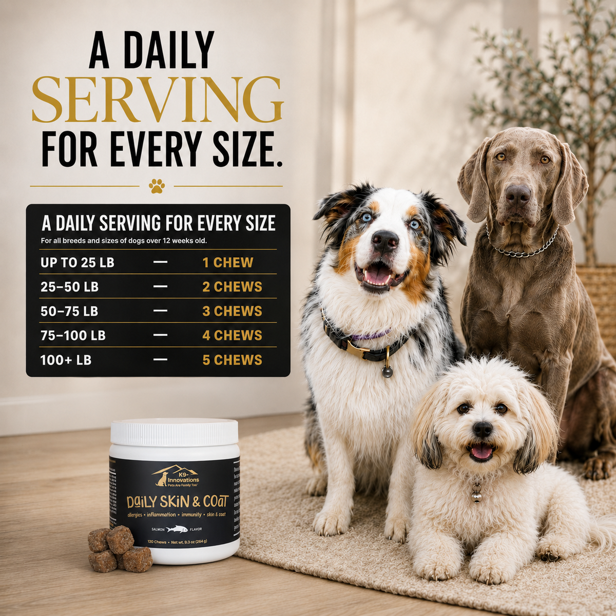 K9-Innovations Daily Skin & Coat dog supplement serving guide with daily soft chew amounts based on dog weight.