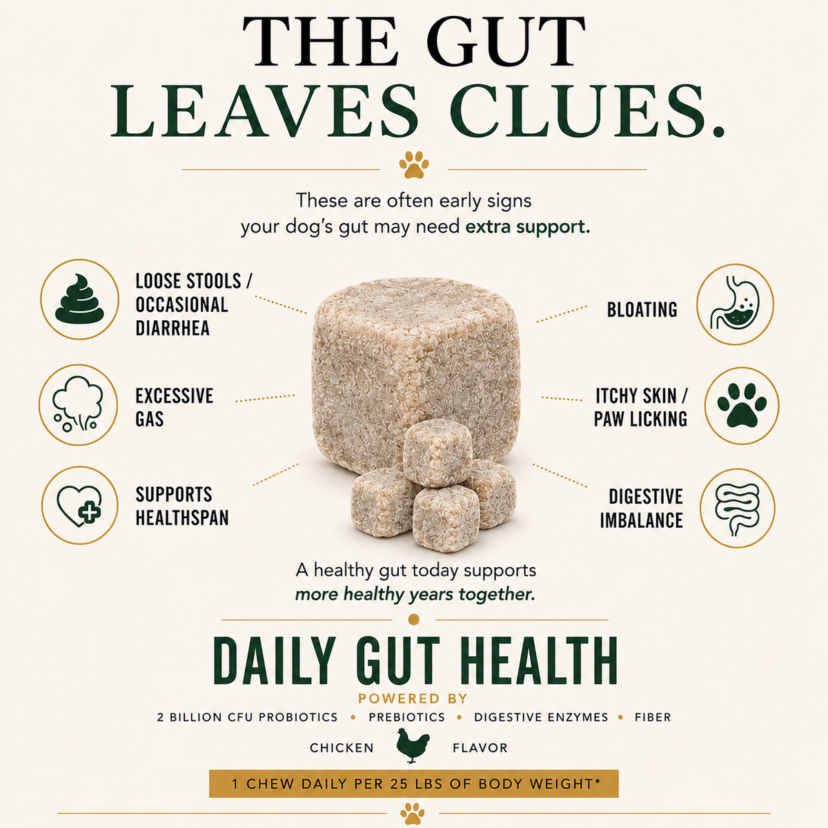 Dog gut health signs including loose stools, gas, bloating, itchy skin and digestive imbalance, with K9-Innovations Daily Gut Health chews