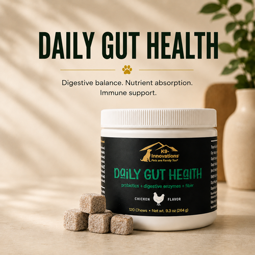 K9-Innovations Daily Gut Health dog chews for digestive balance, nutrient absorption and immune support.