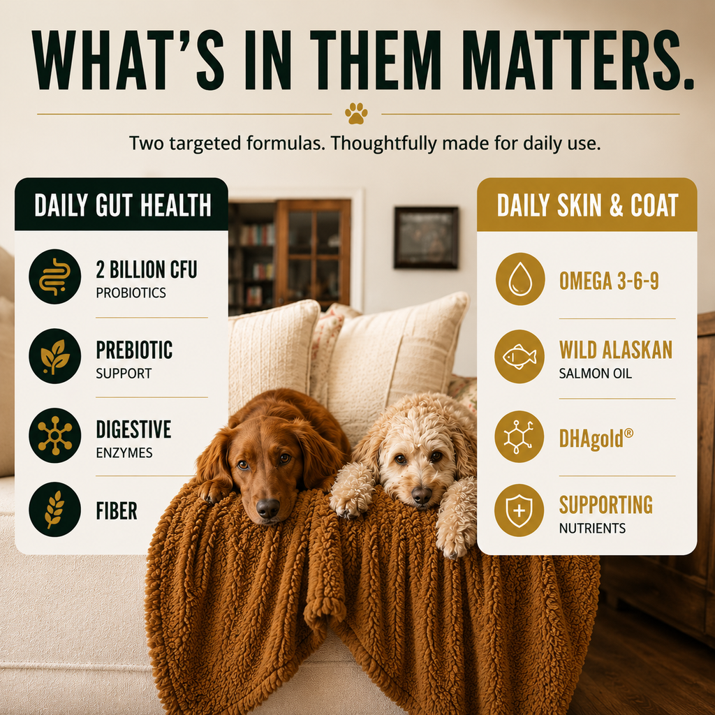 K9-Innovations Daily Gut Health and Daily Skin & Coat dog supplements with 2 billion CFU probiotics, prebiotics, digestive enzymes, fiber, Omega 3-6-9 and Wild Alaskan salmon oil