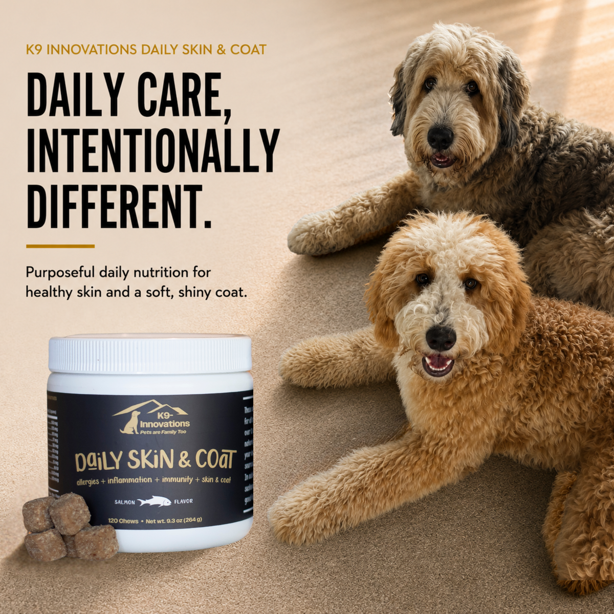 Two dogs with K9-Innovations Daily Skin & Coat soft chews for daily skin and coat wellness support.