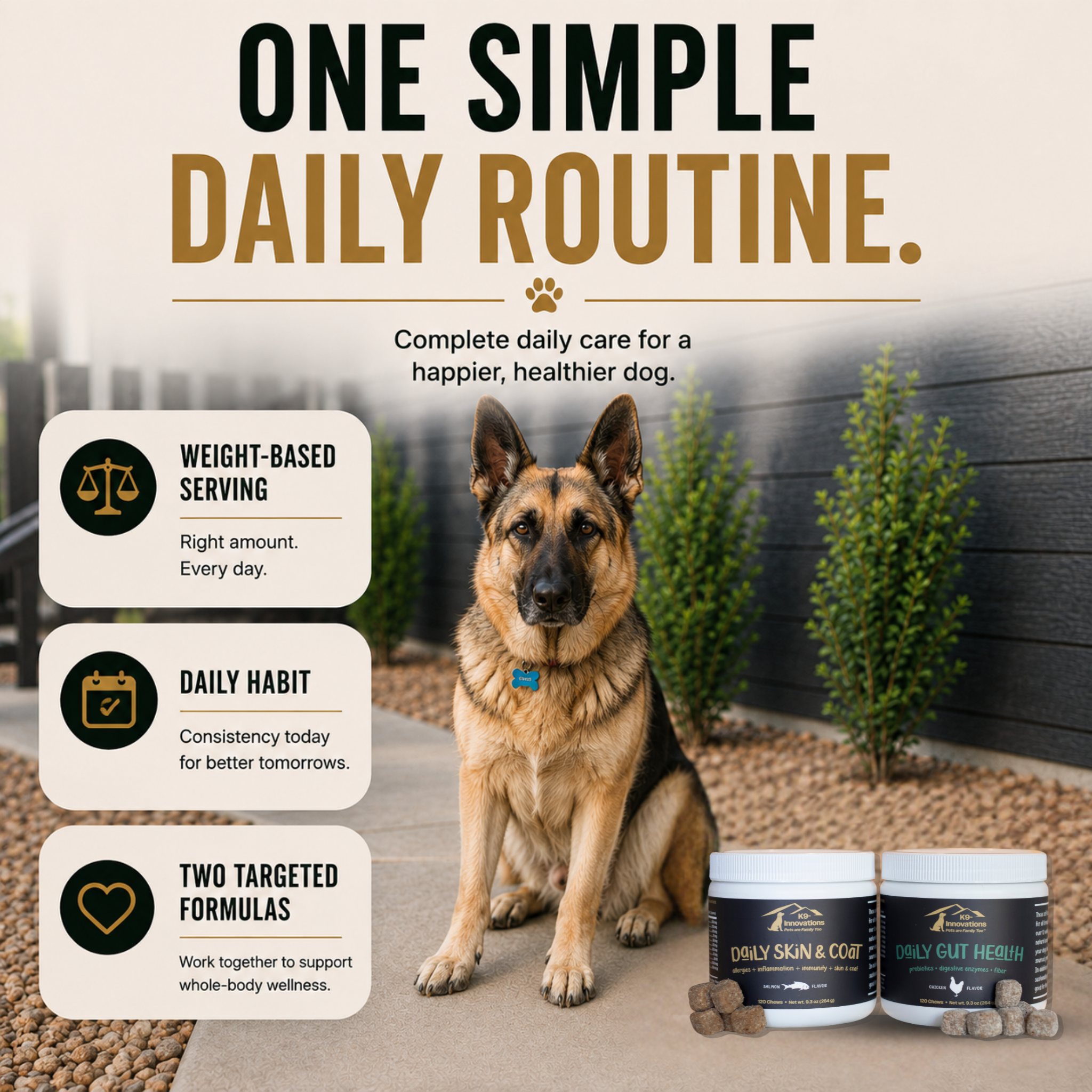 K9-Innovations Daily Gut Health and Daily Skin & Coat dog supplements with weight-based serving for a simple, consistent daily dog wellness routine