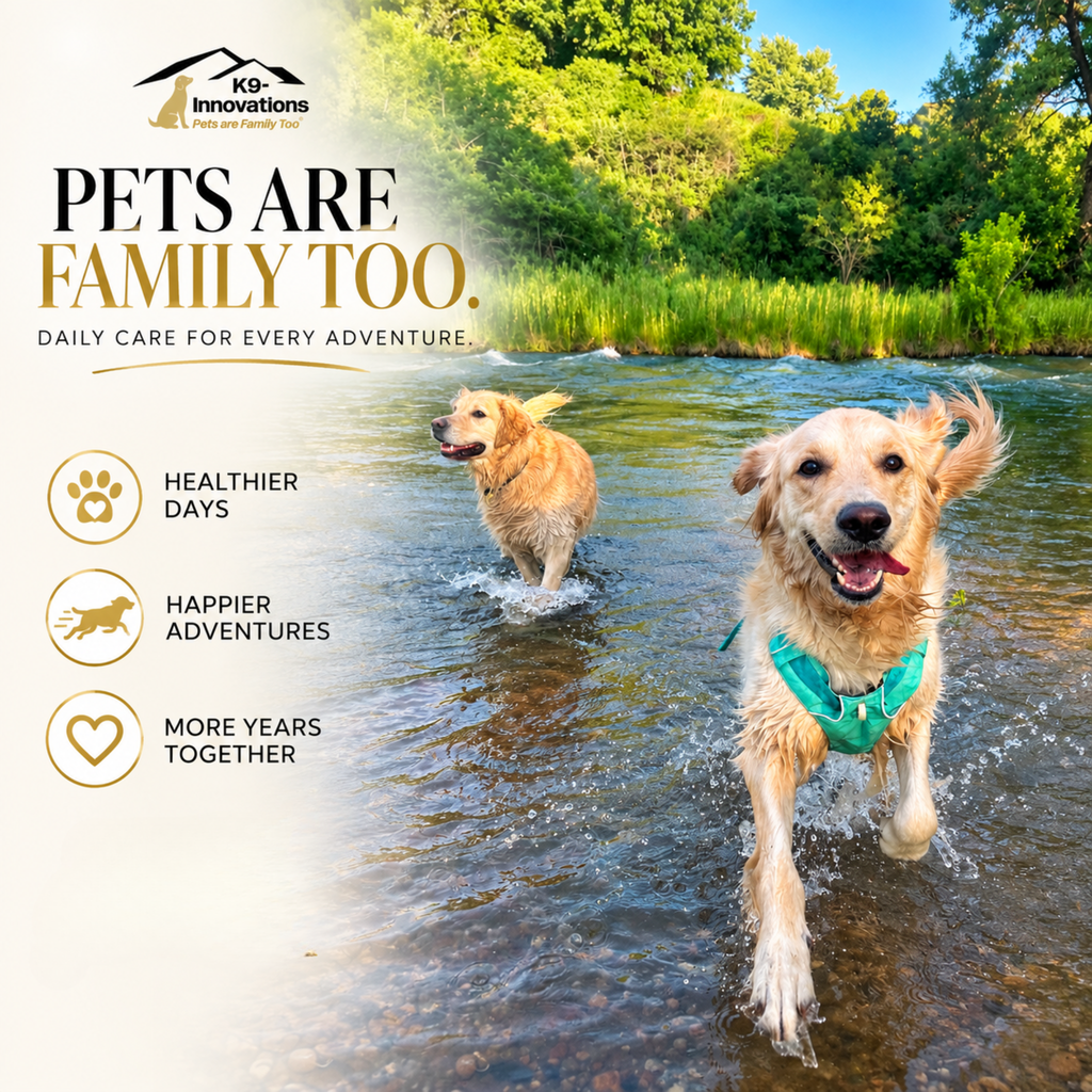 Two active dogs outdoors representing K9-Innovations daily dog wellness for healthier days, happier adventures and more years together.