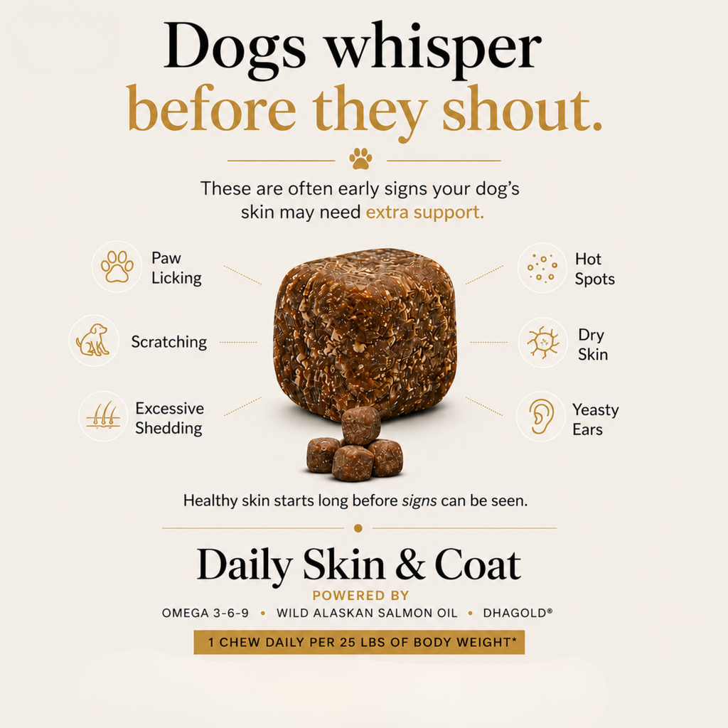 Signs a dog may need skin support including scratching, paw licking, dry skin, hot spots, yeasty ears and excessive shedding.