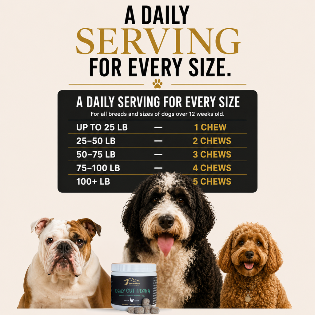 K9-Innovations Daily Gut Health dog supplement serving guide with daily soft chew amounts based on dog weight.