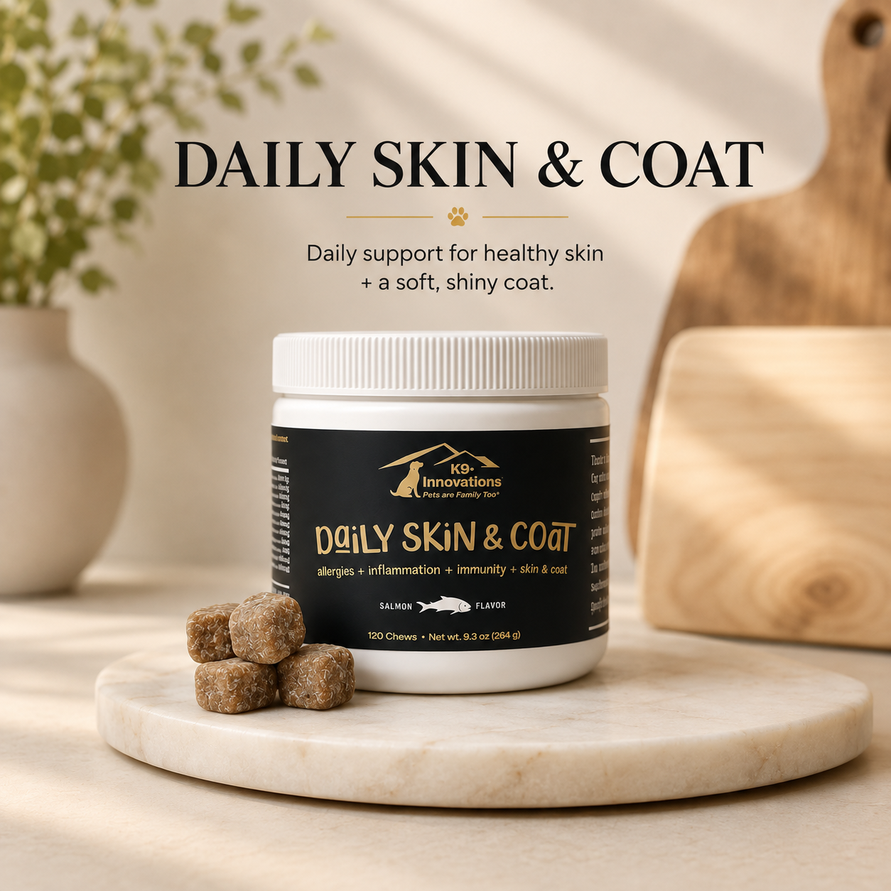 K9-Innovations Daily Skin & Coat soft chews for dogs to support healthy skin and a soft, shiny coat.