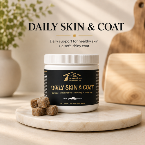 K9-Innovations Daily Skin & Coat soft chews for dogs to support healthy skin and a soft, shiny coat.